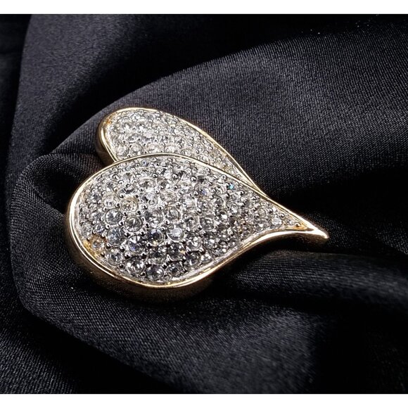Vintage 1990s Swarovski Crystal Double Heart Brooch Gold-Tone Pin - Picture 4 of 6